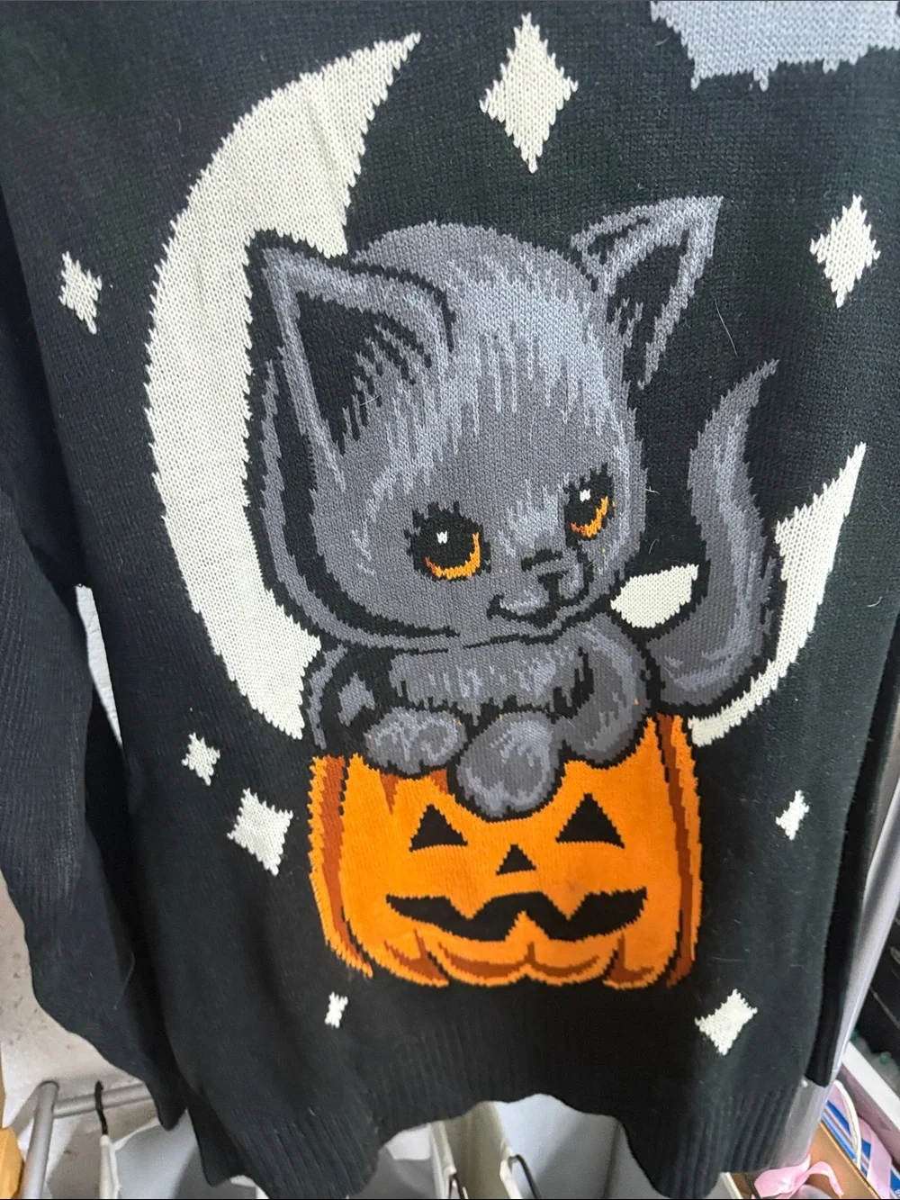 Black Halloween Kitty Pumpkin Sweater NWT - XL - Cute Cat Sweatshirt - Picture 3 of 4
